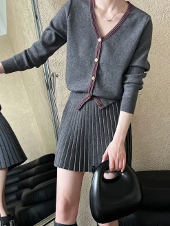 COMMENSE V-Neck Pleated Jersey Skirt Set* Skirt Sets|Long Sleeve Sets