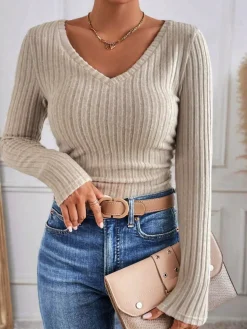 COMMENSE V-Neck Ribbed Skinny Blouse* Blouses & Shirts|Tops