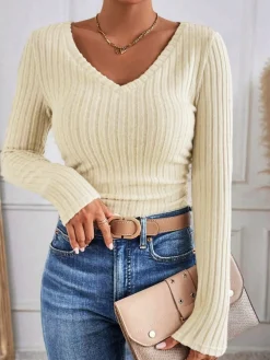 COMMENSE V-Neck Ribbed Skinny Blouse* Blouses & Shirts|Tops