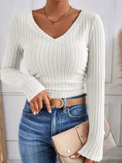 COMMENSE V-Neck Ribbed Skinny Blouse* Blouses & Shirts|Tops