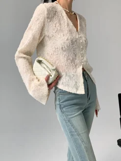 COMMENSE V-Neck Ruffle Long Sleeve Blouse* Blouses & Shirts|Tops