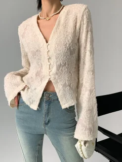 COMMENSE V-Neck Ruffle Long Sleeve Blouse* Blouses & Shirts|Tops