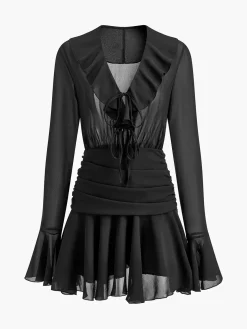 COMMENSE V-Neck Ruffle Pleated Chiffon Dress* Black Dresses|Casual Dresses