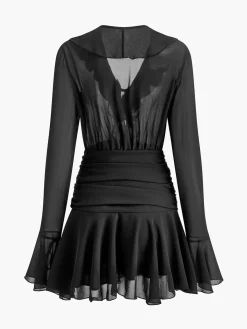 COMMENSE V-Neck Ruffle Pleated Chiffon Dress* Black Dresses|Casual Dresses