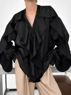 COMMENSE V-Neck Ruffle Thin Blouse* Blouses & Shirts|Tops