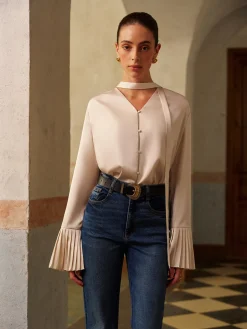 COMMENSE V-Neck Satin Pleated Shirt With Ribbon* Tops