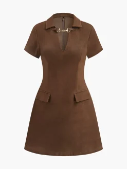 COMMENSE V-Neck Short Sleeve Suede Dress* Casual Dresses|Work Dresses