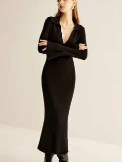 COMMENSE V-Neck Slim Lapel Sweater Dress* Black Dresses|Sweater Dresses