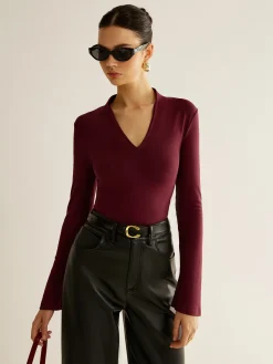 COMMENSE V-Neck Slit-Cuff Jersey Blouse* Blouses & Shirts|Tops
