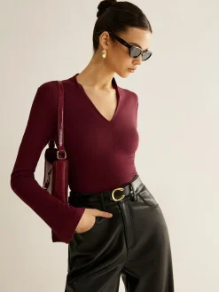 COMMENSE V-Neck Slit-Cuff Jersey Blouse* Blouses & Shirts|Tops