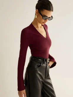 COMMENSE V-Neck Slit-Cuff Jersey Blouse* Blouses & Shirts|Tops
