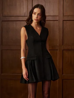 COMMENSE V-Neck Suede Pleated Tank Short Dress* Dresses