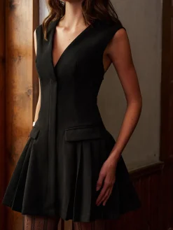 COMMENSE V-Neck Suede Pleated Tank Short Dress* Dresses