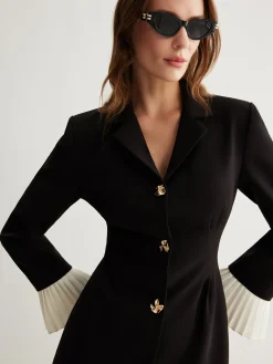 COMMENSE V-Neck Two-Tone Pleated Button Dress* Black Dresses|Casual Dresses
