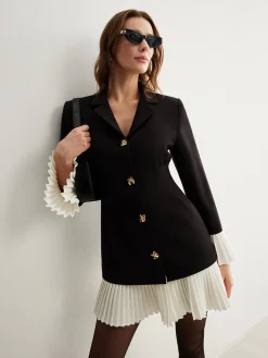 COMMENSE V-Neck Two-Tone Pleated Button Dress* Black Dresses|Casual Dresses