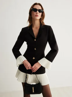 COMMENSE V-Neck Two-Tone Pleated Button Dress* Casual Dresses|Work Dresses