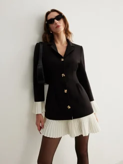 COMMENSE V-Neck Two-Tone Pleated Button Dress* Casual Dresses|Work Dresses
