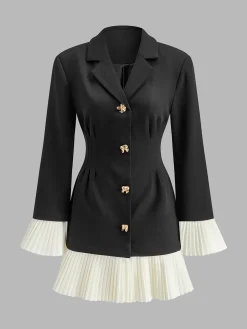 COMMENSE V-Neck Two-Tone Pleated Button Dress* Casual Dresses|Work Dresses