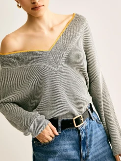 COMMENSE V-Neck Two-Tone Rib Knit Top* Sweater Tops|Sweaters & Cardigans