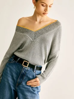 COMMENSE V-Neck Two-Tone Rib Knit Top* Sweater Tops|Sweaters & Cardigans