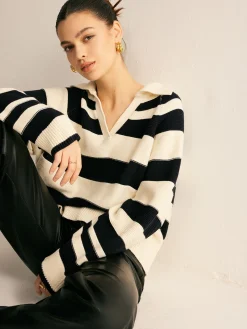 COMMENSE V-Neck Two-Tone Striped Polo Sweater* Sweater Tops|Sweaters & Cardigans