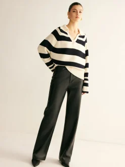 COMMENSE V-Neck Two-Tone Striped Polo Sweater* Sweater Tops|Sweaters & Cardigans