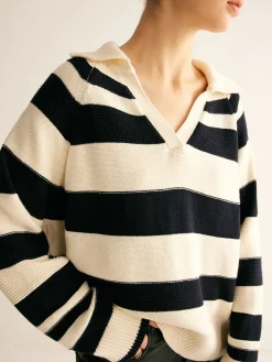 COMMENSE V-Neck Two-Tone Striped Polo Sweater* Sweater Tops|Sweaters & Cardigans