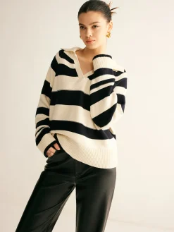 COMMENSE V-Neck Two-Tone Striped Polo Sweater* Sweater Tops|Sweaters & Cardigans