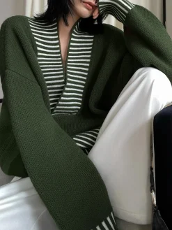 COMMENSE V-Neck Two-Tone Striped Sweater* Sweater Tops|Sweaters & Cardigans