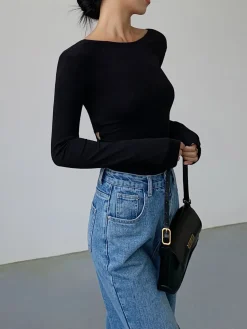 COMMENSE V-Shape Open Back Long Sleeve Shirt* Sweater Tops|T-shirts