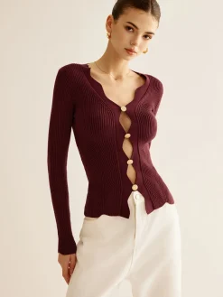 COMMENSE Wave Trim Cutout Slim Knit Top* Sweater Tops|Sweaters & Cardigans