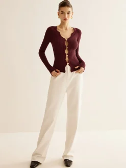 COMMENSE Wave Trim Cutout Slim Knit Top* Sweater Tops|Sweaters & Cardigans