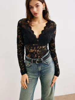 COMMENSE Wave Trim Lace Panel Bodysuit* Bodysuits|Bodysuits