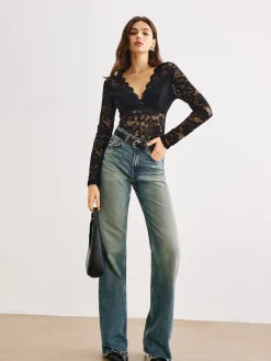 COMMENSE Wave Trim Lace Panel Bodysuit* Bodysuits|Bodysuits