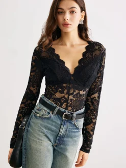 COMMENSE Wave Trim Lace Panel Bodysuit* Bodysuits|Bodysuits