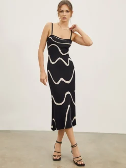 COMMENSE Wavy Print Strap Midi Dress* Black Dresses|Sweater Dresses