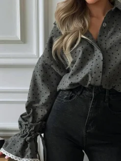 COMMENSE Women Heart Print Button Down Shirt* Blouses & Shirts|Tops