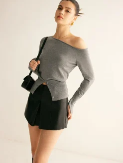 COMMENSE Wool-Blend Asymmetrical Slit Top* Sweater Tops|Sweaters & Cardigans