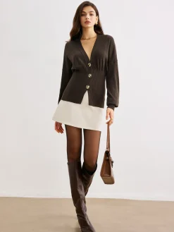 COMMENSE Wool-Blend Cinched Button Knit Outerwear* Sweater Tops|Outerwear