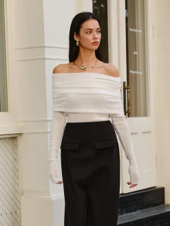 COMMENSE Wool-Blend Cold-Shoulder Ruched Knit Top* Sweater Tops|Sweaters & Cardigans