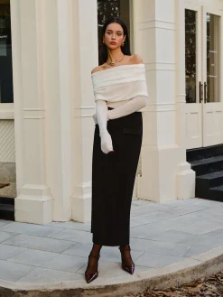 COMMENSE Wool-Blend Cold-Shoulder Ruched Knit Top* Sweater Tops|Sweaters & Cardigans