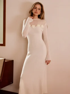 COMMENSE Wool-Blend 3D Flower Lettuce Trim Sweater Dress* White Dresses|Sweater Dresses
