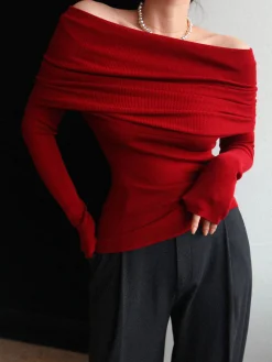 COMMENSE Wool-Blend Elegant Ruched Slim Sweater* Sweater Tops|Sweaters & Cardigans