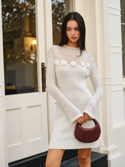 COMMENSE Wool-Blend Floral Sweater Panel Dress* White Dresses|Sweater Dresses