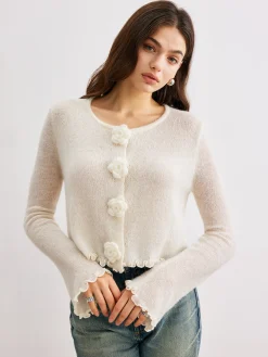 COMMENSE Wool-Blend Lettuce Trim 3D Flower Cardigan* Cardigans|Sweaters & Cardigans
