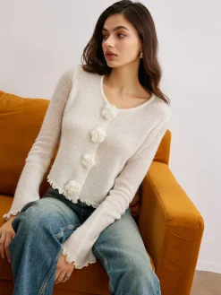 COMMENSE Wool-Blend Lettuce Trim 3D Flower Cardigan* Cardigans|Sweaters & Cardigans