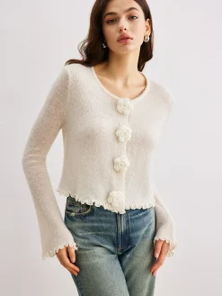 COMMENSE Wool-Blend Lettuce Trim 3D Flower Cardigan* Cardigans|Sweaters & Cardigans