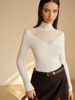 COMMENSE Wool-Blend Mock Neck Sheer-Detail Knit Top* Knitwear|Matching Sets