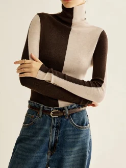 COMMENSE Wool-Blend Turtleneck Color Block Knit Top* Sweater Tops|Sweaters & Cardigans
