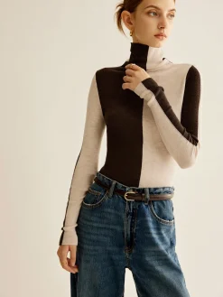 COMMENSE Wool-Blend Turtleneck Color Block Knit Top* Sweater Tops|Sweaters & Cardigans
